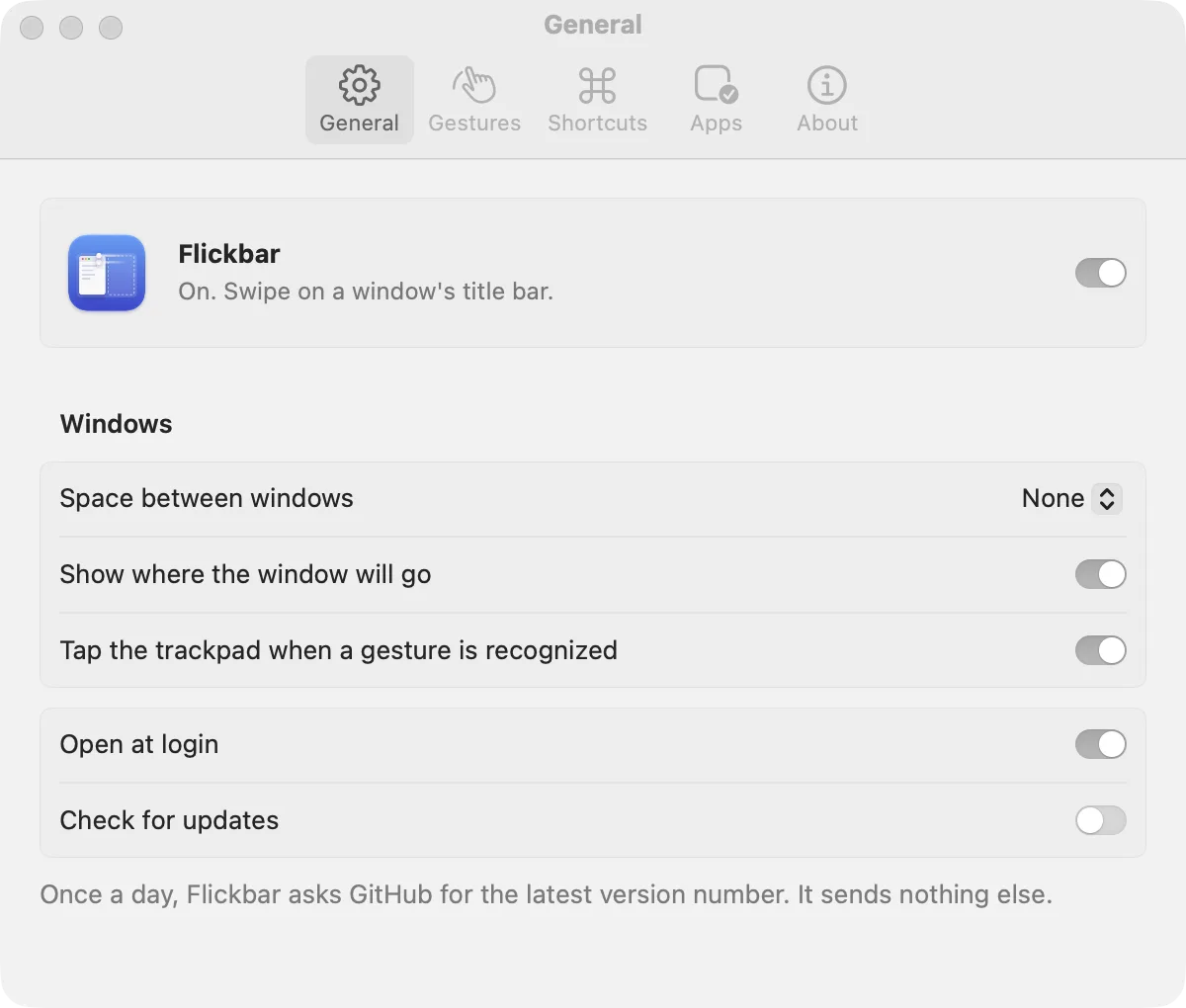General settings: spacing between windows, preview, haptics, open at login
