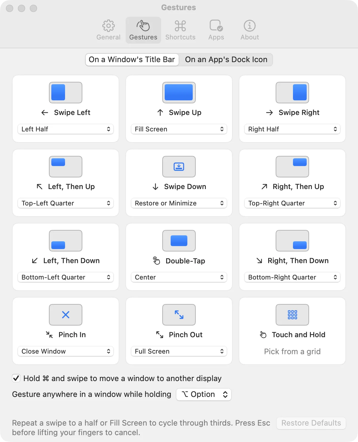 Gestures settings, listing what each swipe does