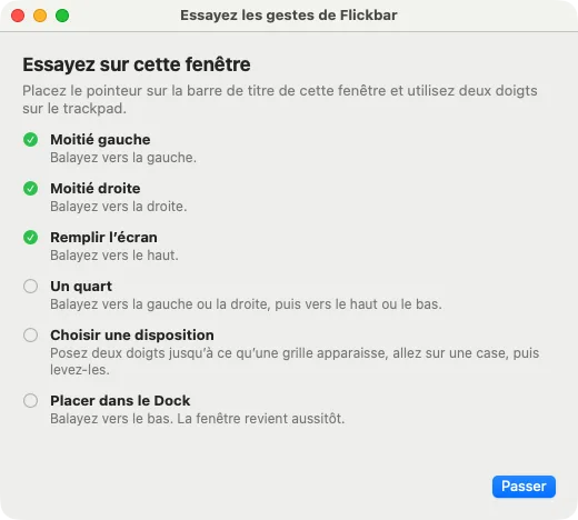 Le didacticiel des gestes, avec les trois premières étapes cochées